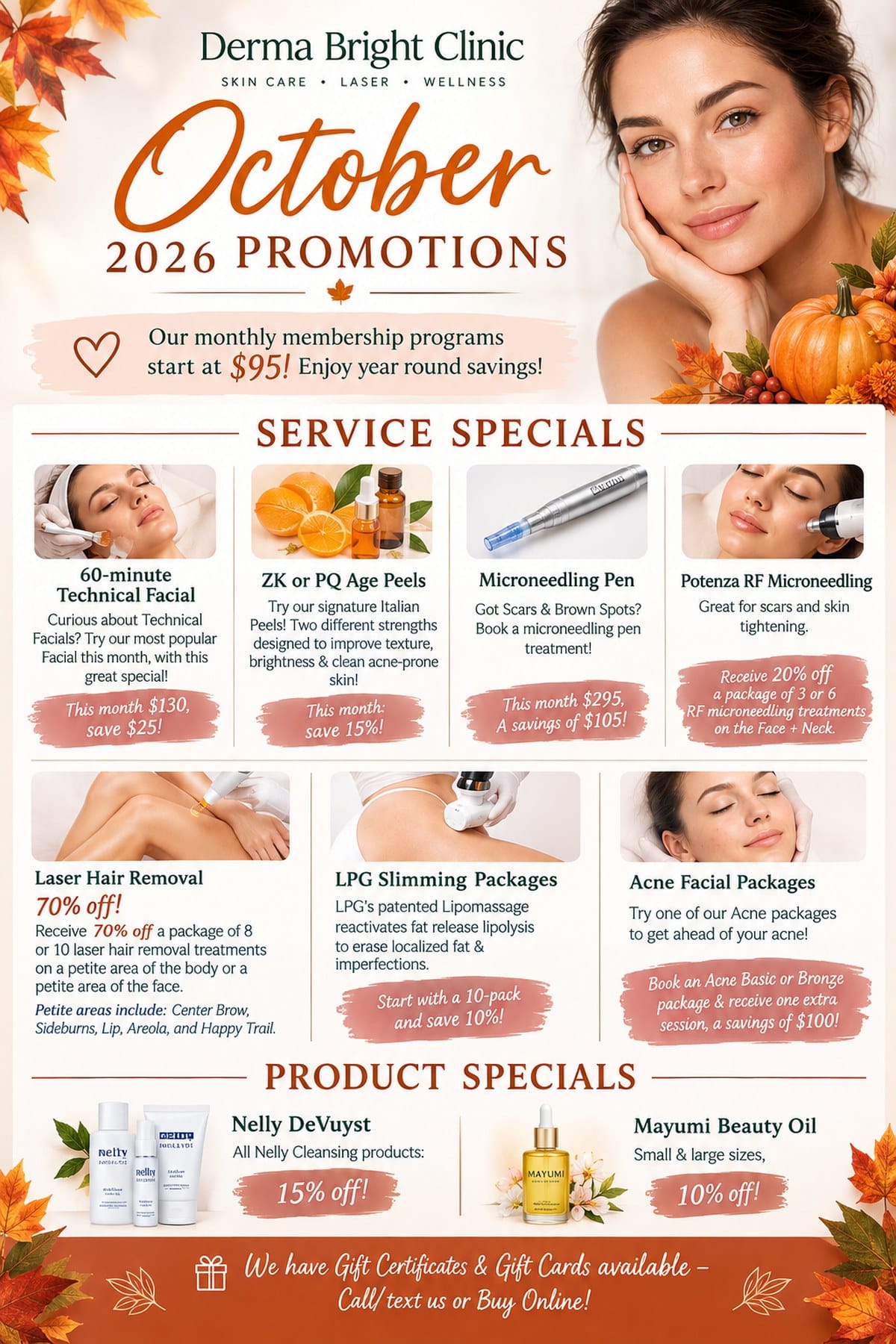October 2026 skincare specials at Derma Bright Clinic featuring facials, microneedling, peels, laser hair removal and skincare products